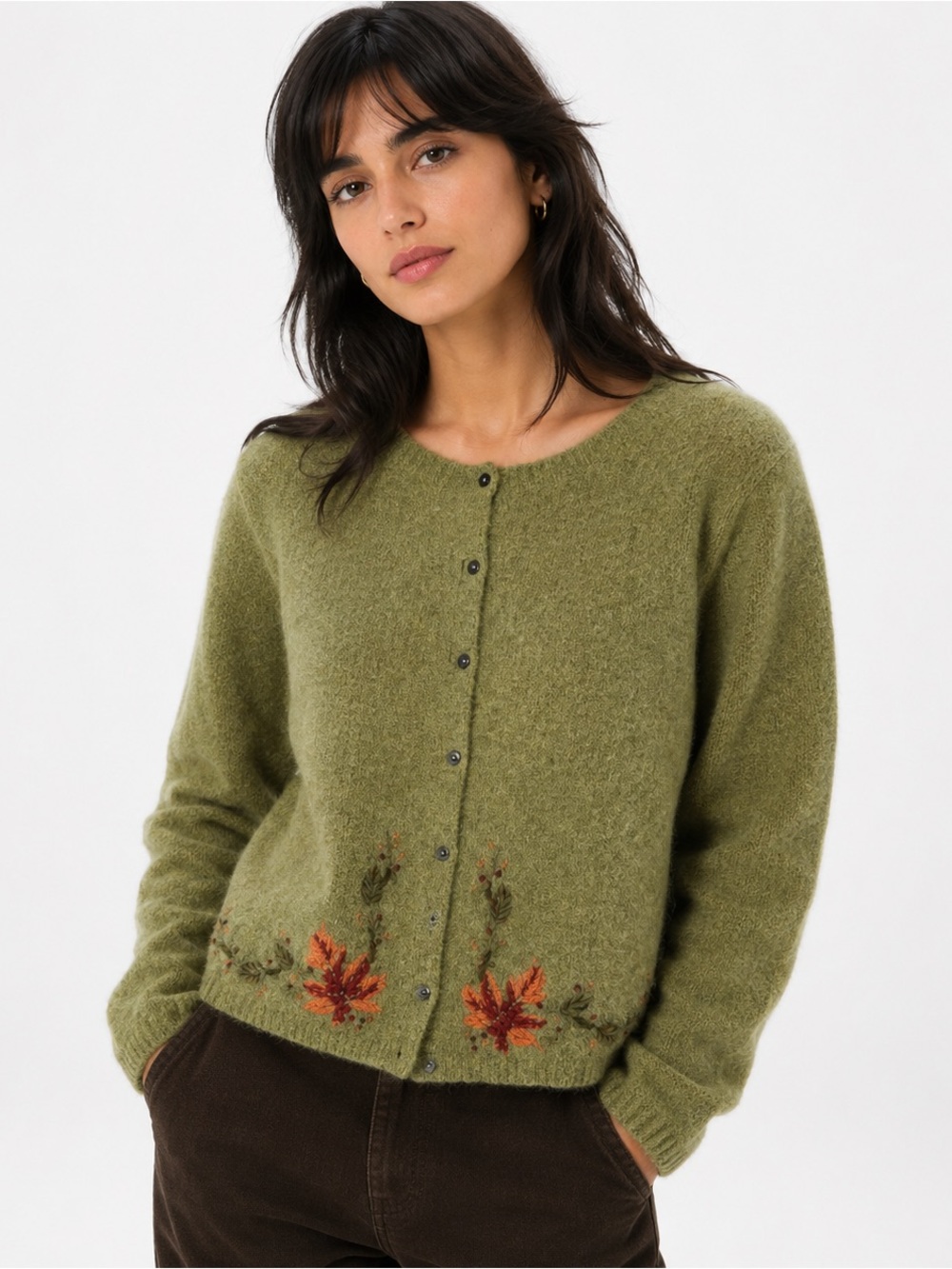 Y2K Vintage Embroidered Olive Green Cardigan
